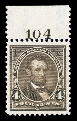 269, 4c Dark brown, gem top sheet-margin plate no. 104 single, flawlessly centered amid extravagantly large margins, prooflike color and impression, o.g., n.h., extremely fine
a stamp for the perfectionist 1997 PF certificate.