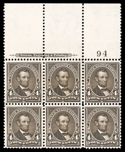 269, 4c Dark brown, full top margin imprint and plate no. 94 block of six, featuring an extra-large sheet selvage and much better centering than typically found, deep rich
color and a sharp impression, couple of sensibly rejoined perforations at