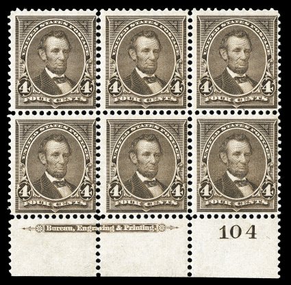 269, 4c Dark brown, bottom margin imprint and plate no. 104 block of six, strong rich color, nicely centered, o.g., l.h., fine-very fine.