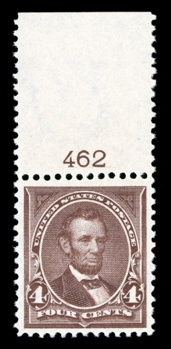 280, 280a, 280b, 4c Lincoln Second Bureau issue, a handsome quartet of four top or bottom sheet-margin plate no. singles, each in a different shade, Rose brown (plate no. 462),
Lilac brown (791), Orange brown (1103) and Deep orange brown (1100),