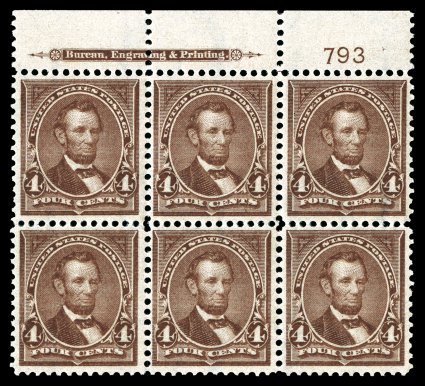 280, 4c Rose brown, top margin imprint and plate no. 792 block of six, deep luxuriant color, outstanding centering throughout, couple of horizontal perforations in centered
sensibly rejoined, o.g., l.h., extremely fine.