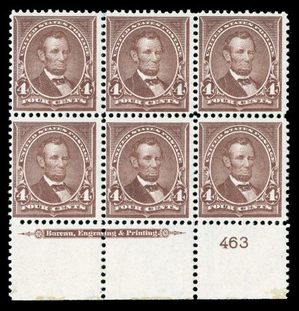 280a, 4c Lilac brown, full bottom margin imprint and plate no. 463 block of six, strong rich color, attractively centered, o.g., l.h., very fine.