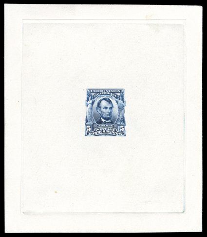 304-E1, 5c Blue, large die essay on India, rejected die, die sunk on card measuring 92x106mm, showing full die sinkage, being the rejected die, showing the figure at right
poorly draped, blank triangles below United States and no shading aroun