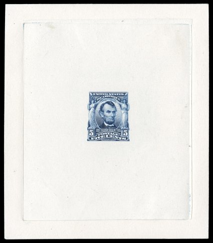 304-E2, 5c Blue, large die essay on India, incomplete design, die sunk on card measuring 92x105mm, showing full die sinkage, being an incomplete design, with shading on
allegorical figures unfinished, fresh and clean, very fine extremely rare a