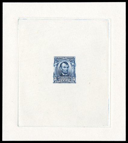 304P1, 5c Blue, large die proof on India, die sunk on card measuring 102x114mm, showing full die sinkage, brilliantly fresh, extremely fine a surprisingly rare large die proof
as only three examples are currently recorded ex-Lincoln.