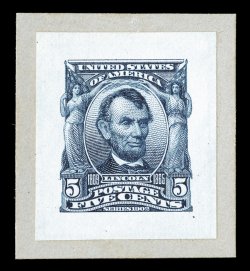 304P2, 5c Blue, small die proof on wove, on original card backing from a Roosevelt album, extremely fine a special printing of small die proofs was produced in 1904 by the
Roosevelt administration, only 85 Roosevelt presentation albums were c