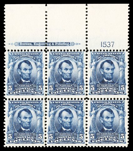 305, 5c Blue, an incredibly fresh and choice full top margin imprint and plate no. 1537 block of six, being in a true post office fresh state of preservation, completely intact
and strong perforations, prooflike color and impression, nicely ce