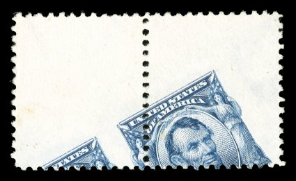 304 var., 5c Blue, an unused horizontal pair which displays the most dramatic perforation shift imaginable, with partial impressions of two designs shifted strongly to the
bottom left, resulting in only a tiny bit of two impressions showing