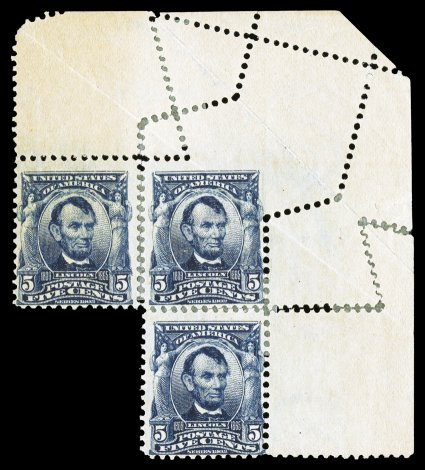 304 var., 5c Blue, unused top right corner margin block of three, with spectacular crazy perforations due to a foldover, several hinge reinforcements, fine an eye-catching
freak that would enhance any 1902-03 Series or Lincoln specialist
