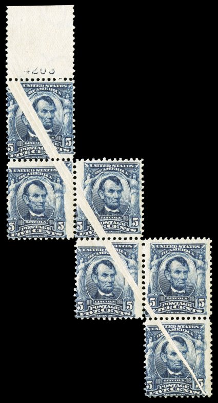 304 var., 5c Blue, a spectacular top sheet-margin irregular block of six, with plate no. 4203 in top selvage, all six stamps showing a massive diagonal pre-printing paper fold
that has been opened out leaving large unprinted areas on each