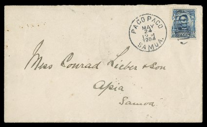 304, 5c Blue, single with natural s.e. at bottom, tied to most unusual cover by Pago PagoMay 24 1904Samoa duplex cancel, and sent to Apia, (German) Samoa, with Apia backstamp
dated May 25th, very fine an exceptional use from a United Stat