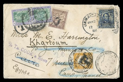304, 5c Blue, tied to a spectacularly colorful and unusually travelled cover from Jamaica Plain, Mass. to Paris France, then forwarded to Egypt and Sudan, the 5c stamp tied by
January 22, 1907 duplex cancel, addressed to Paris in care of an