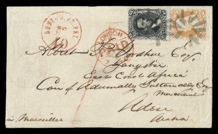77, 15c Black, along with 30c Orange (71), both tied to marvelous 1866 Goodhue correspondence cover to Aden, Arabia by circle of Vs postmarks, addressed to Zanzibar in care of
an Aden merchant, endorsed via Marseilles, red Boston Br