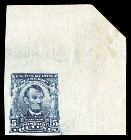 315, 5c Blue imperforate, an impressive top right corner sheet-margin single, boasting huge sheet selvages, and the other two margins quite large, deep intense color and
impression, o.g., l.h., extremely fine a particularly handsome mint exampl