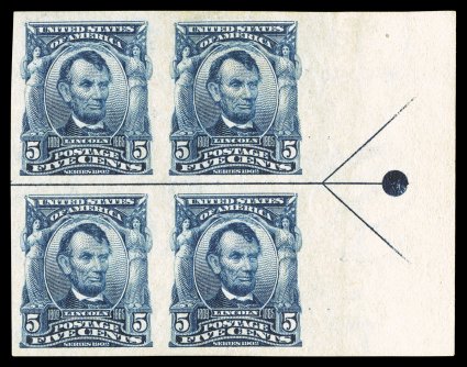 315, 5c Blue imperforate, a matching right sheet-margin arrow and ball maker mint block of four, a perfect exhibition companion block to the previous lot, uniformly large
margins, sumptuously rich color and impression, o.g., lightly hinged,