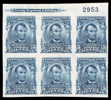 315, 5c Blue imperforate, top margin imprint and plate no. 2953 block of six, large to very large margins all around, deep rich color, o.g., lightly hinged, very fine a
handsome example of this scarce plate block.