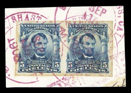 315, 5c Blue imperforate, horizontal pair, large well balanced margins all around, tied to piece by three strikes of a striking magenta Shasta Springs, Cal.M.O.B.Sep 151908
double ring c.d.s., the earliest documented use of Scott 315