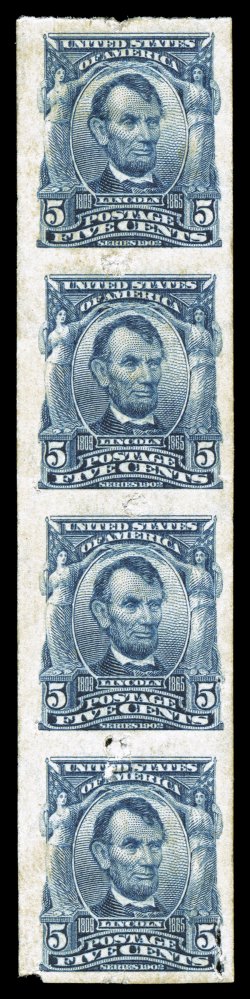 315, 5c Blue imperforate, Parkhurst Company perforations, this vertical strip of four is the only known certified example of the Five Cent Lincoln imperforate issue of 1908
with Parkhurst Vending Machine perforations: the Parkhurst machine