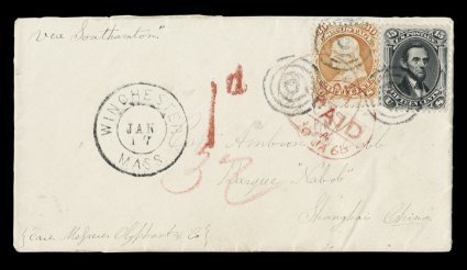77, 15c Black, along with 30c Orange (71), tied together and to neat 1868 cover to Shanghai, China by three black target cancels, along with red London Paid transit c.d.s.,
double circle Winchester, Mass.Jan 17 originating c.d.s., red 1