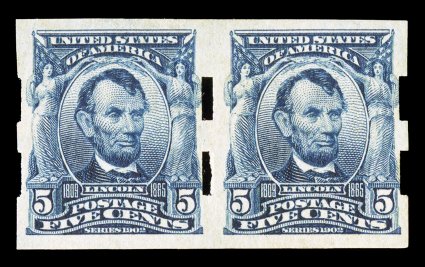 315, 5c Blue imperforate, Schermack Ty. III perforations, choice mint pair of this vending machine rarity, quite well centered, deep luxuriant color and a crisp impression,
o.g., l.h., right stamp with small thin spot not mentioned on either acc