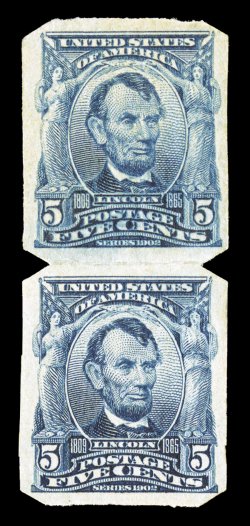 315, 5c Blue imperforate, U.S. Automatic Vending Ty. I separations, pair, perfectly centered, rich luxuriant color, o.g., top stamp with minor h.r., extremely fine seldom
encountered in such outstanding quality.