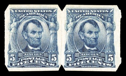 315, 5c Blue imperforate, U.S. Automatic Vending Ty. II separations, pair, exceptionally well centered and margined, strong rich color, o.g., right stamp with small thin spot,
otherwise very fine 1993 PSE certificate.