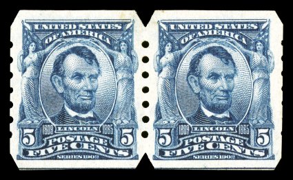 315, 5c Blue imperforate, U.S. Automatic Vending Ty. III perforations, handsome mint pair of this scarce perforation, well centered within large margins, deep luxuriant color
and a crisp impression, o.g., left stamp with minor h.r., choice very