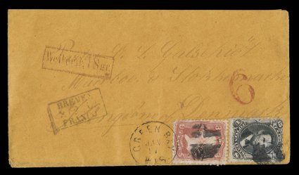 77, 15c Black, along with 3c Rose (65), just fine singles, both tied to orange colored 1866 cover to Denmark by quartered cork pmks. as well as Green Bay, Wis.Jan 17 originating
c.d.s., stamps paying the 18c via Bremen closed mail rate,