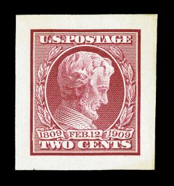 367P2a, 2c Lincoln, Panama-Pacific small die proof on wove, deep color and impression on typically slightly toned paper, very fine an extremely rare proof, of which no more
than three to five are believed to have been produced a special
