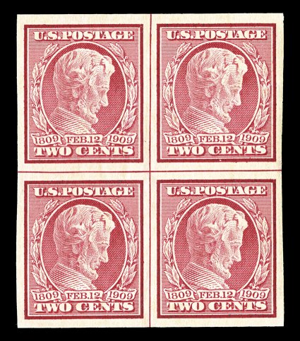 368, 2c Lincoln imperforate, centerline block of four, incredibly fresh, with sumptuously rich color, large perfectly balanced margins all around, o.g., n.h., extremely fine
surprisingly scarce so choice.