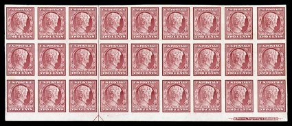 368, 2c Lincoln imperforate, bottom margin imprint and arrow block of 27 (9x3), showing mixed 2mm and 3mm spacing between the stamps in the multiple, prooflike color and
impression, large margins, o.g., n.h., although some trivial natural gum sk