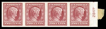 368H, 2c Lincoln imperforate coil, horizontal format, a most unusual end of roll mint strip of four, with plate no. 4982 appearing in sheet margin at right, plus a bit of the
coil leader still attached, large even margins, o.g., l.h., left stamp