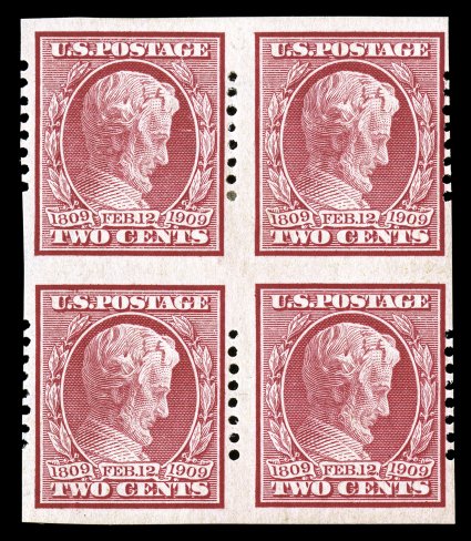 368, 2c Lincoln imperforate, Schermack Ty. I perforations (eight holes), a most uncommon mint block of four with 3mm spacing, quite fresh, o.g., minor central h.r., fine-very
fine multiples of this are very scarce typically they were produced