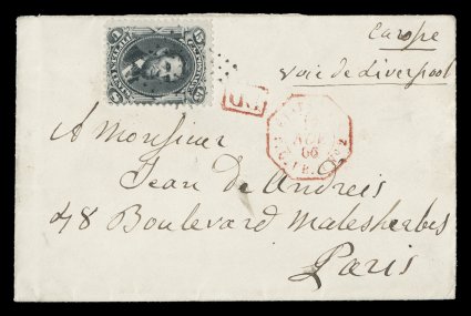 77, 15c Black, fine single, tied to 1866 cover from New York to Paris, France, the envelope being handed directly to the French packet company without New York markings,
resulting in the stamp being tied solely by a French anchor lozenge