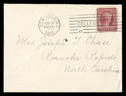 368, 2c Lincoln imperforate, U.S. Automatic Vending Company Ty. I separations, well centered single tied to small neat cover by New York, N.Y.Jun 18 1911 machine slogan cancel,
addressed to Roanoke Rapids, N.C., bkst., cover just slightly red