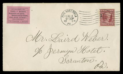 367, 2c Lincoln, tied to neat cover by choice strike of Philadelphia, Pa.Feb 11 1909 machine cancel, addressed to Scranton, Pa. and with that citys arrival c.d.s. on reverse a
day later, attractive pink Watchmaker and Jeweler corner card l