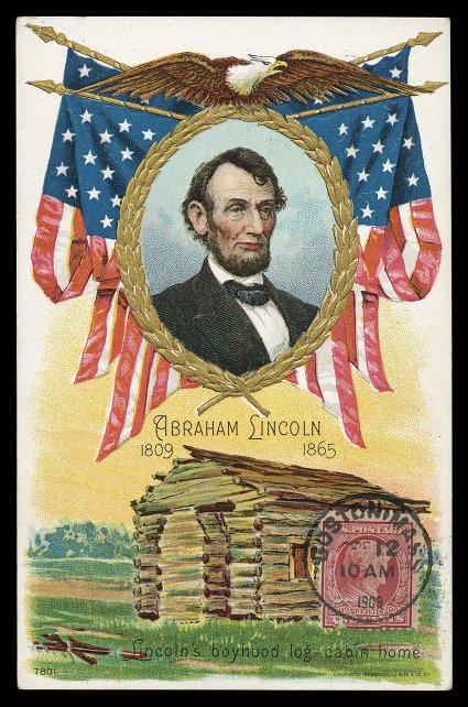 367, 2c Lincoln, single with pre-affixing fault at bottom, tied to absolutely gorgeous multicolored and embossed picture post card published by Julius Bien & Co., NY by Boston,
Mass.Feb 12 1909 first day c.d.s., card features eye-arresting po