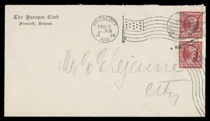 367, 2c Lincoln, vertical pair, tied to clean cover by first day Prescott, Arz.Feb 12 1909 machine flag postmark, with another vertical strike at right to cancel the bottom
stamp of the pair, cover with corner card of The Davapal ClubPresco