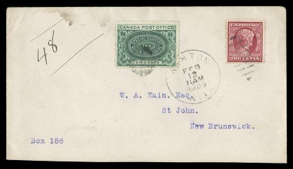 367, 2c Lincoln, tied to cover to St. John, New Brunswick, along with Canadian 10c Green special delivery (E1), by single strike of Ashton, R.I.Feb 12 1909 first day duplex
postmark, two different St. John arrival bksts., trivial ink run at