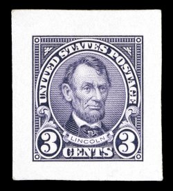 555-E2, 3c Violet, die essay on India, mounted on card measuring 26x30mm, featuring a complete design as issued, except with background of cross-hatched lines (which were
subsequently removed on the issued design) surrounding the bust of Lincoln