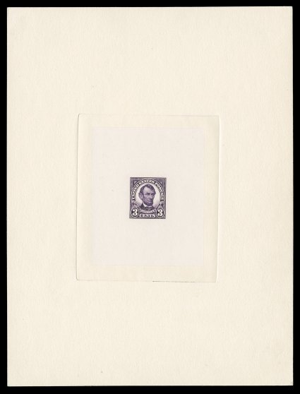 555P1, 3c Violet, large die proof on India, die sunk on large card measuring 153x207mm, 332355 Bureau control number stamped on reverse at bottom, bright and fresh, trifling
bend to card at extreme bottom left corner, extremely fine.
