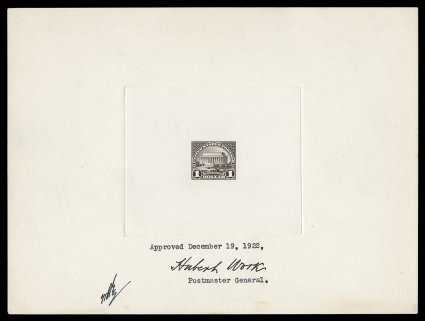 571P1, $1.00 Violet black, large die proof on India, die sunk on full size card measuring 225x153mm, signed and dated December 19, 1922 by the Postmaster General Hubert Work,
154045 Bureau control number stamps on reverse at bottom, very fine