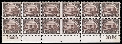571, $1.00 Violet black, bottom margin arrow and double plate no. 18680 block of twelve, showing arrow in center of multiple and plate numbers at each end of bottom sheet
selvage, a most unusual configuration, well centered, especially deep colo