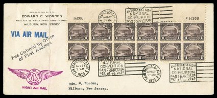 571, $1.00 Violet black, full top margin arrow and plate nos. 14268F14268 block of twelve, the sole franking on a legal size Edward Worden cover and tied by several strikes of
clear San Francisco, CalifAug 21, 1923 machine slogan cancels, ad