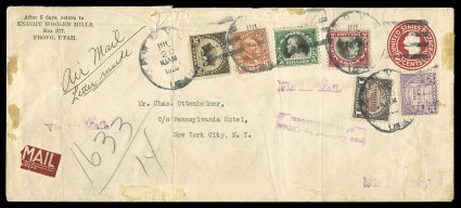 571, $1.00 Violet black, tied to an extraordinarily rare commercial cover additionally franked with 1918 $5.00 Franklin (524) and 1920 $2.00 Franklin (547), along with 1923 6c,
30c & 50c (558, 569, 570), all tied by Provo, UtahJul 20 19