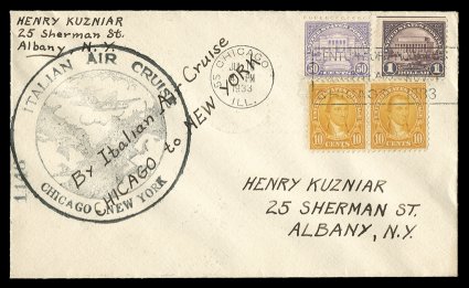 571, $1.00 Violet black, a single with s.e. at top, along with 1923 10c (pair) and 50c, tied to neat July 18, 1933 Balbo Return Flight cover, Chicago to New York (AAMC 1184),
U.S. black circular flight cachet, Chicago machine slogan postmar