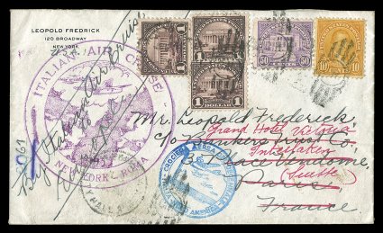 571, $1.00 Violet black, three singles, along with 1923 10c and 50c, tied to July 18, 1933 Balbo Return Flight cover, New York City to Rome (AAMC 1184f), purple U.S. and blue
Italian flight cachets, Rome arrival c.d.s., addressed to Paris t