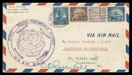 571, $1.00 Violet black, postal history selection of five unusual usages bearing at least one example of the $1.00 Lincoln Memorial stamp, three being 1928-29 Graf Zeppelin
flight covers, all in combination with at least one other stamp, includi