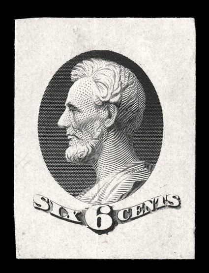 148-E13, 6c Black Lincoln vignette, die essay on small card measuring 22x29mm, showing just the completed central vignette and Six 6 Cents value tablet, prepared as an essay
for Official stamps, despite being listed by Scott in the postage sta