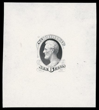 O50-E1, 6c Post Office Dept., incomplete Lincoln large die essay in black on white ivory paper, measuring 63x71mm, an incredibly handsome essay featuring an incomplete
engraving of a Lincoln vignette without rectangular frame design, very fine